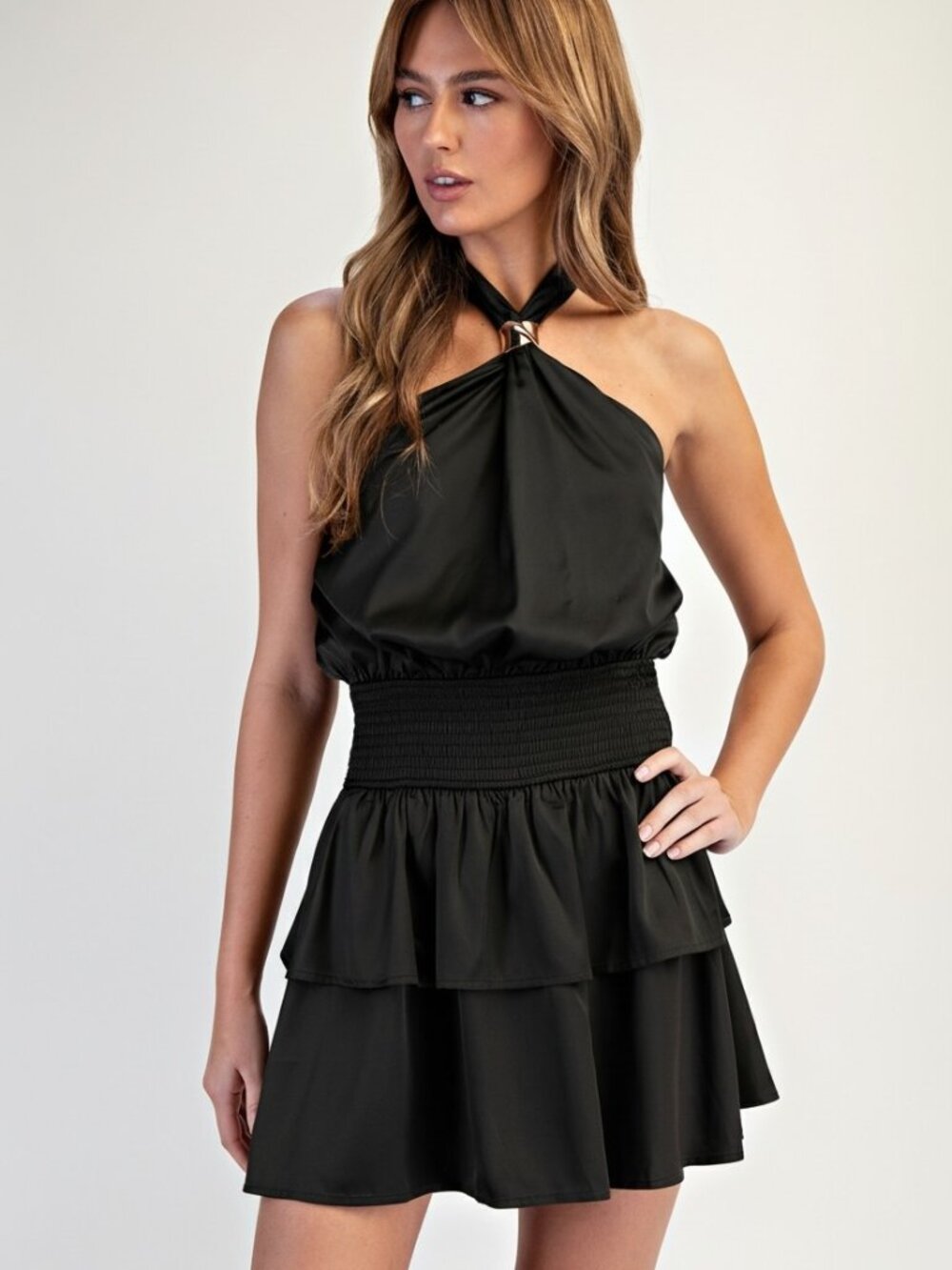 NWT Black Satin Halter Highneck Gold Tone Detailing Smocked Waist Soft Ruffle